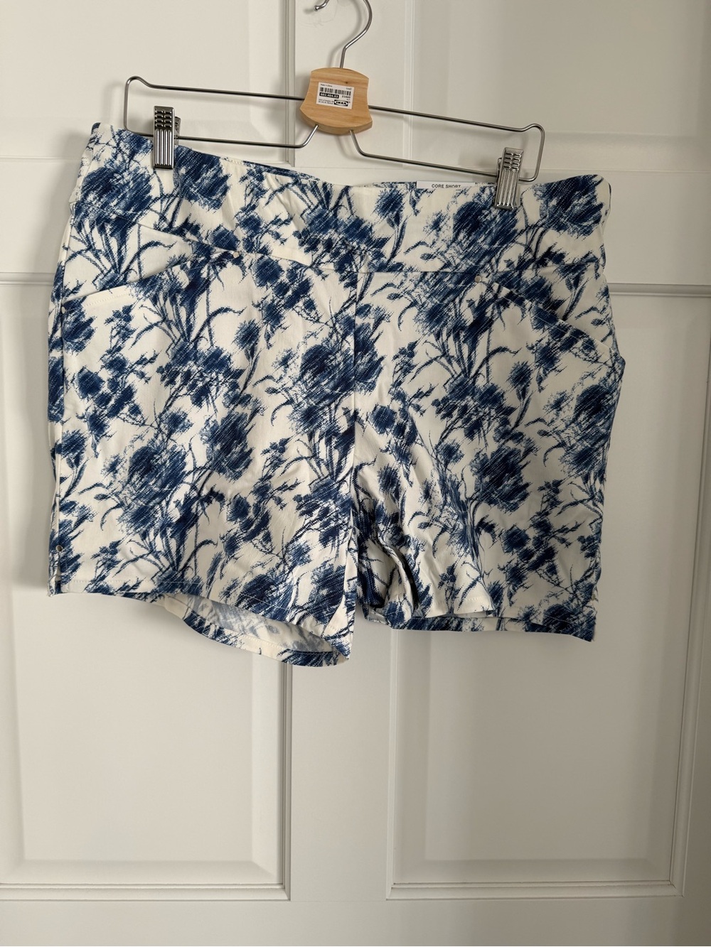White with blue floral pattern stretch shorts
